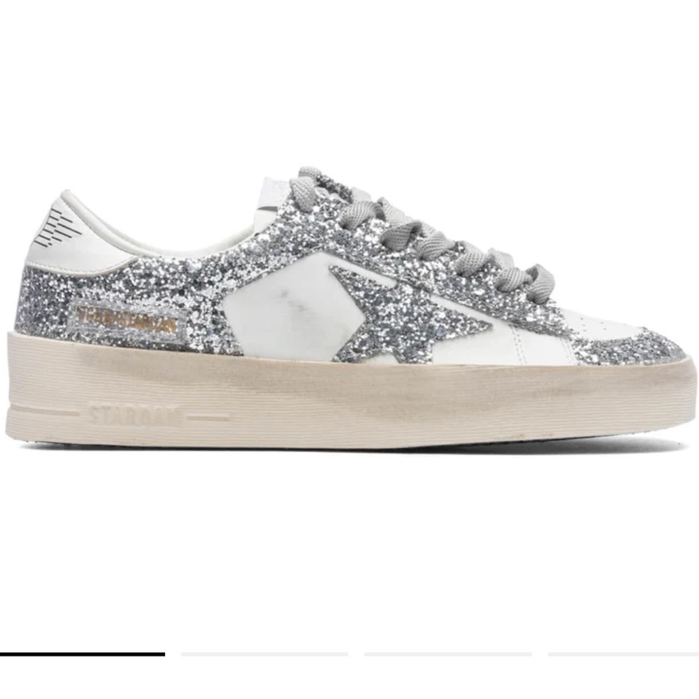 Golden Goose - STARDAN LEATHER AND GLITTER SNEAKERS - WHITE/SILVER